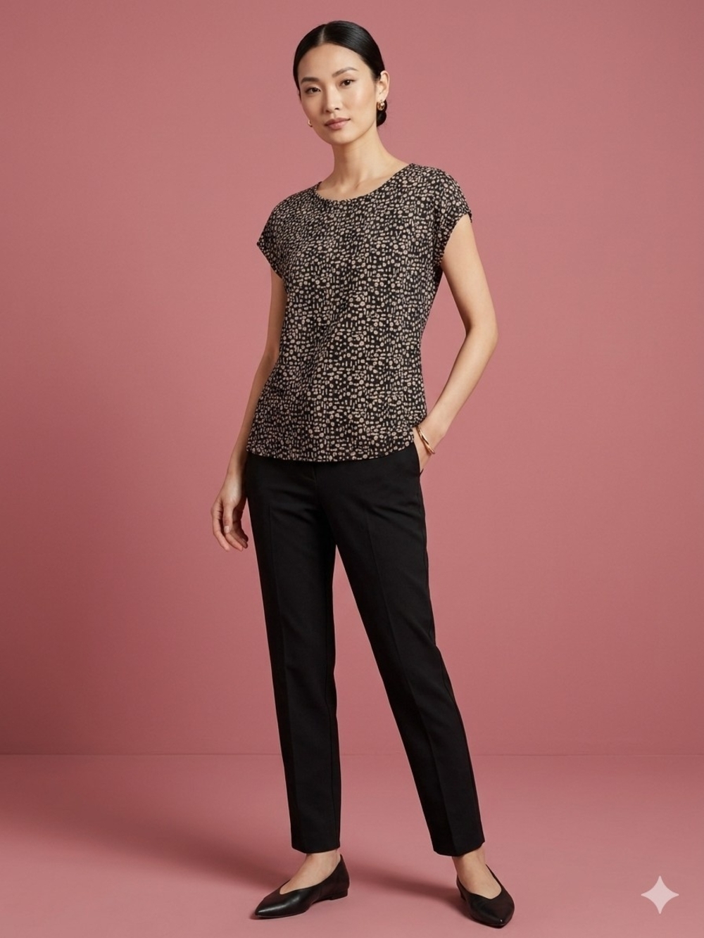 Jessica Black Top with Beige Spot Print